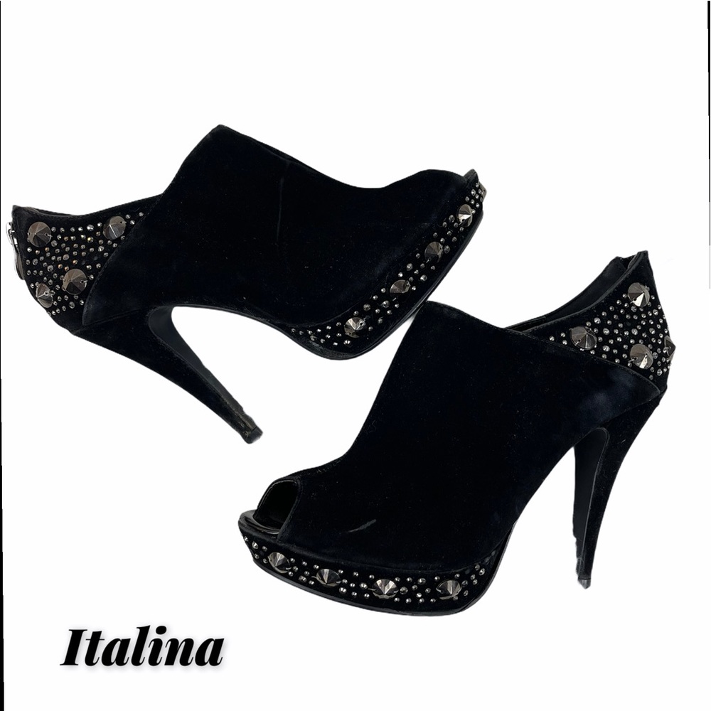 Italina Black Velvet Studded Peeptoe Stilettos Size 10